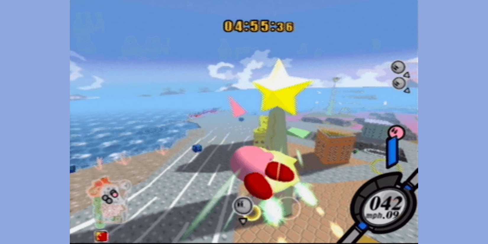 Kirby Air Ride jumping through the sky.