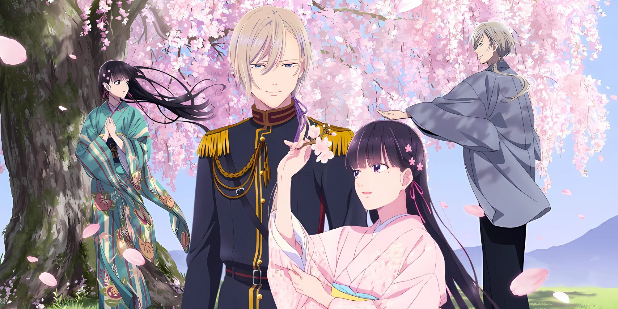 Kiyoka offers his hand to Miyo in the background and Miyo gives Kiyoka a cherry blossom.