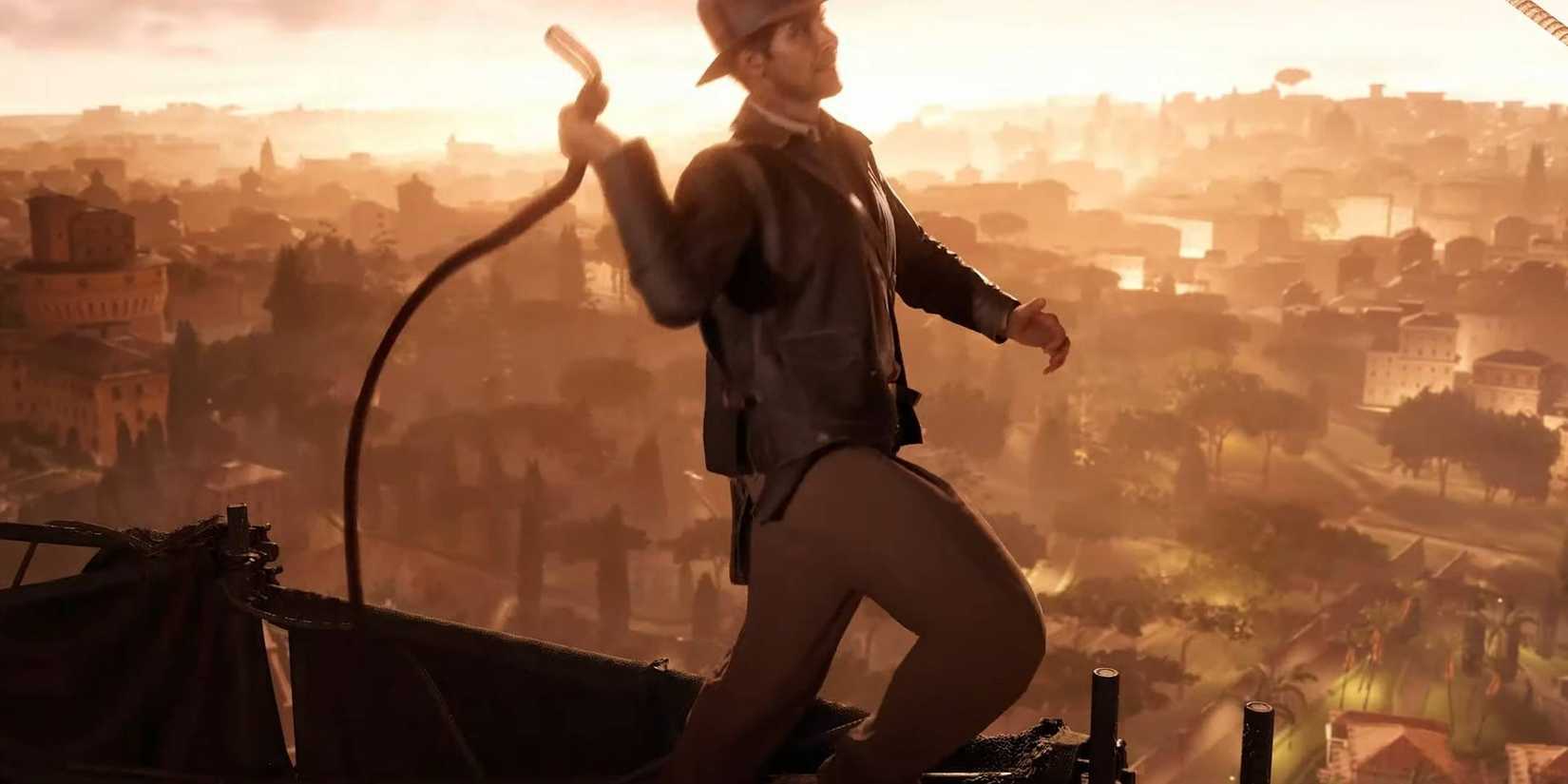 Indiana Jones pulling back his whip in front of sun lit city.