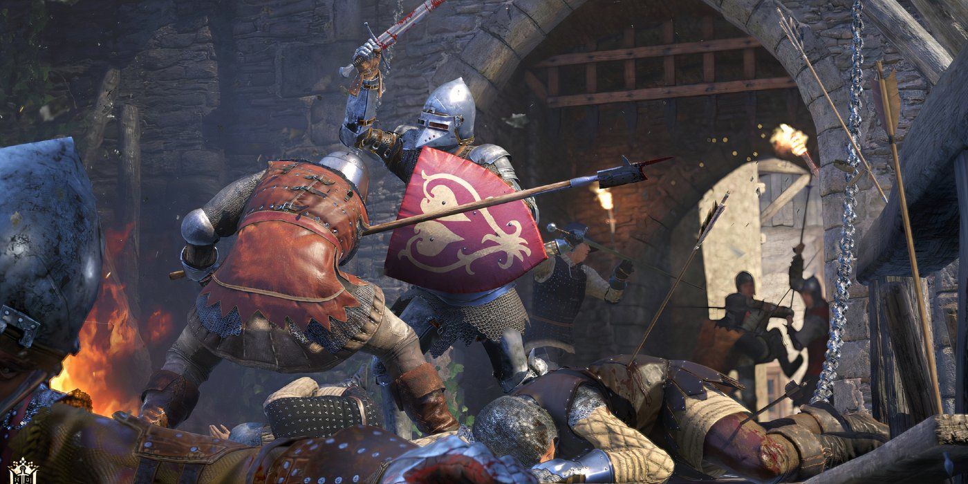 Two knights fighting each other outside of a gate in Kingdom Come: Deliverance.