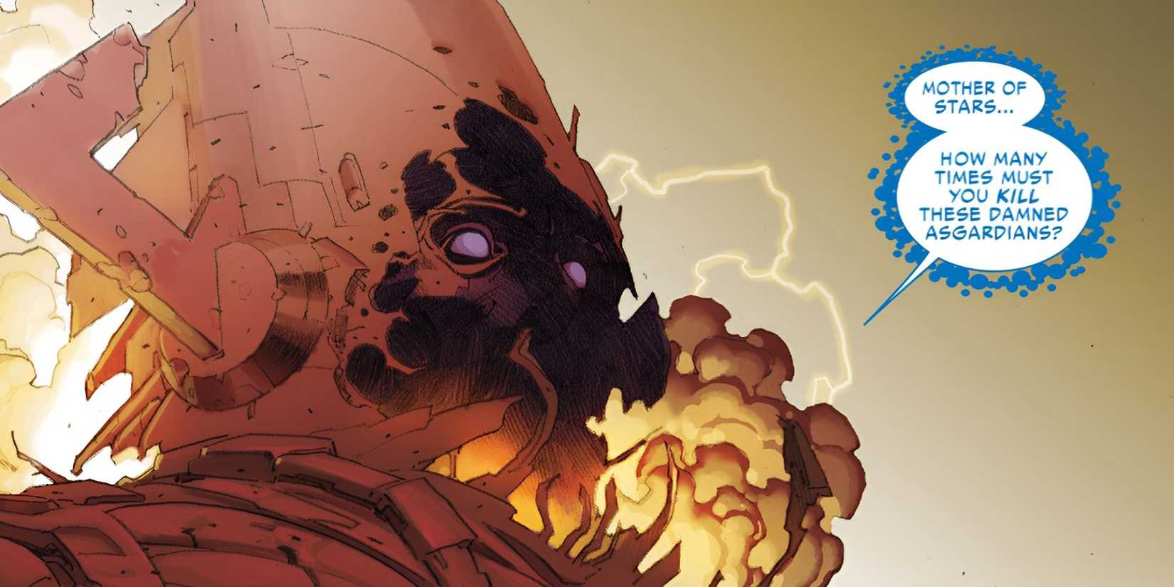 Galactus, with his face broken apart and fiery bursting from his body.