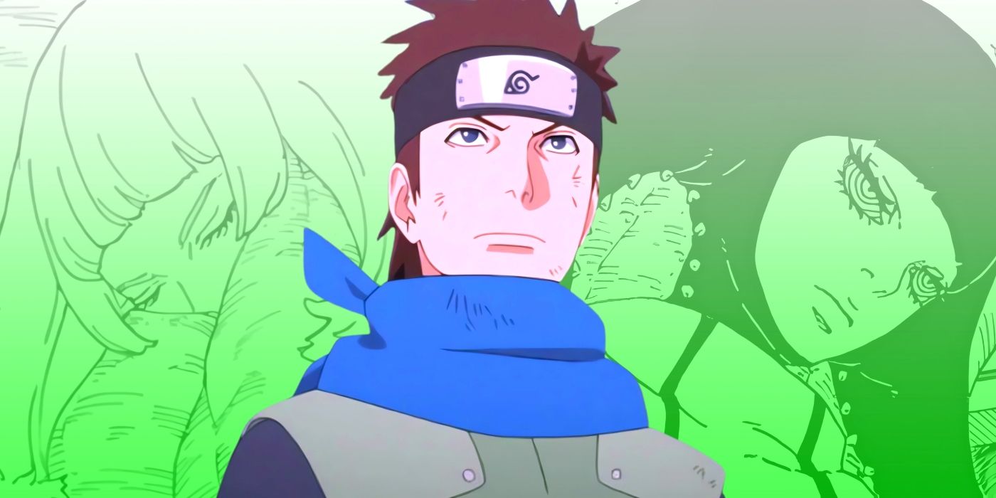 Konohamaru standing while looking at the sky. Behind him, Moegi inside a tree and Matsuri can be seen.