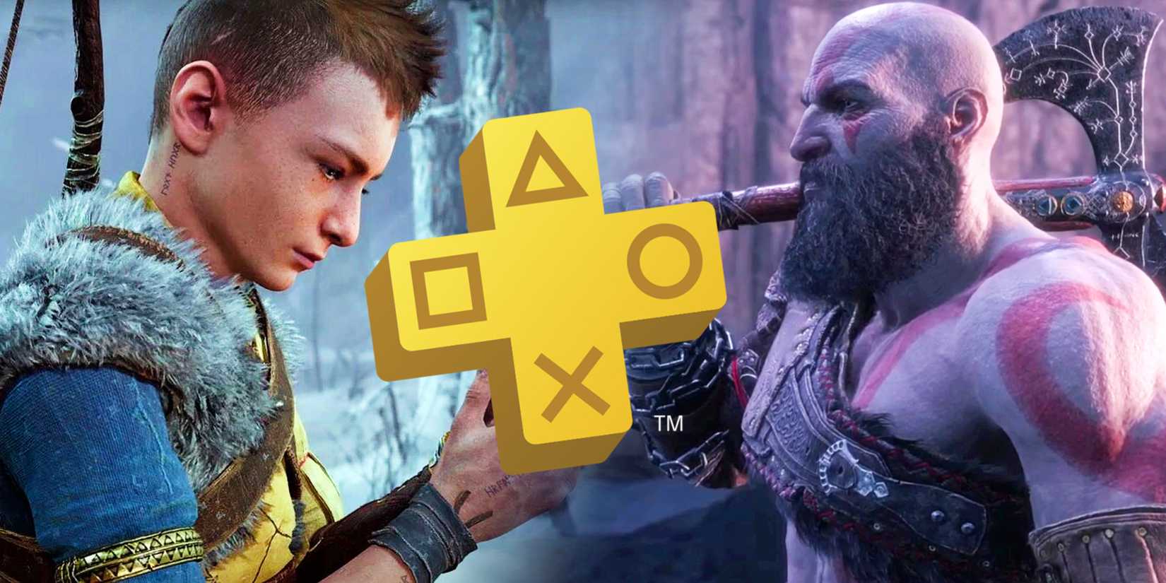 Kratos and Atreus surround the PlayStation Plus logo in edited screenshots from God of War Ragnarok.