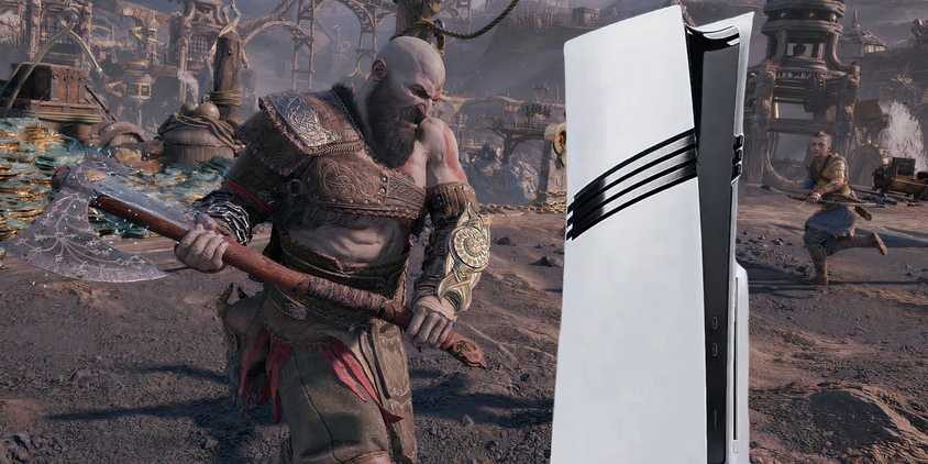 Kratos preparing an axe attack on a PS5 Pro with Atreus in support.