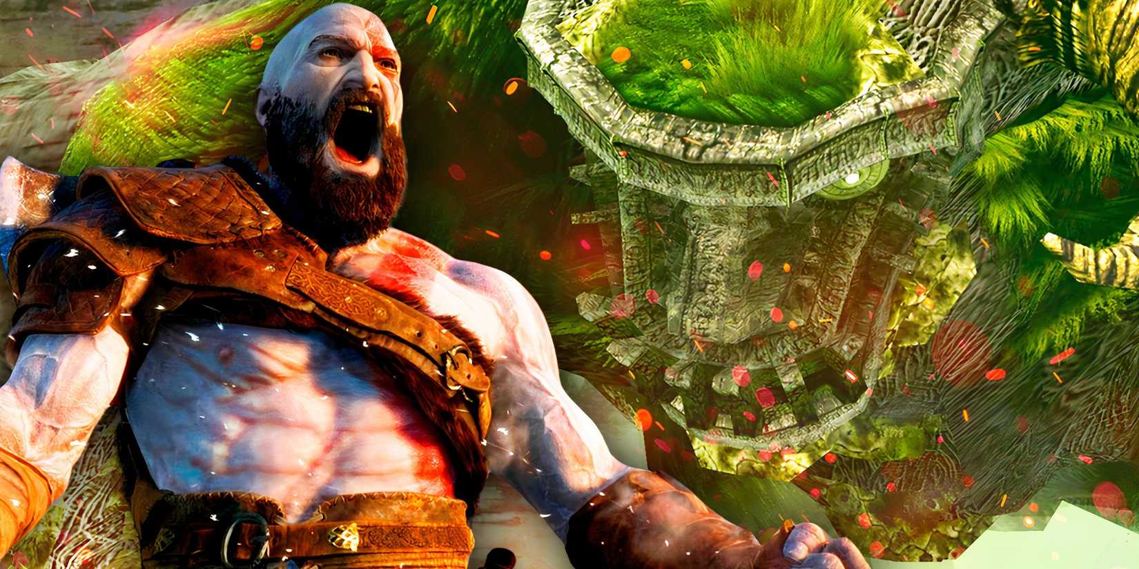Kratos from God of War shouting and the Colossus from Shadow of the Colossus looking menacing