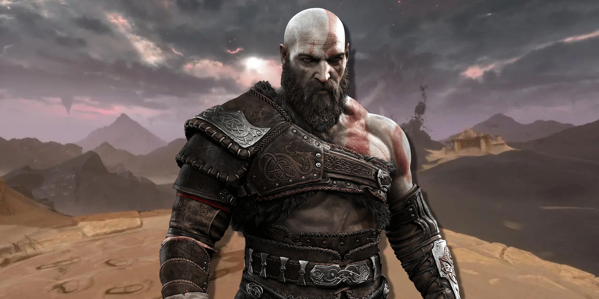 Kratos glowers in front of the Desert of Lost Souls from God of War Ragnarok.