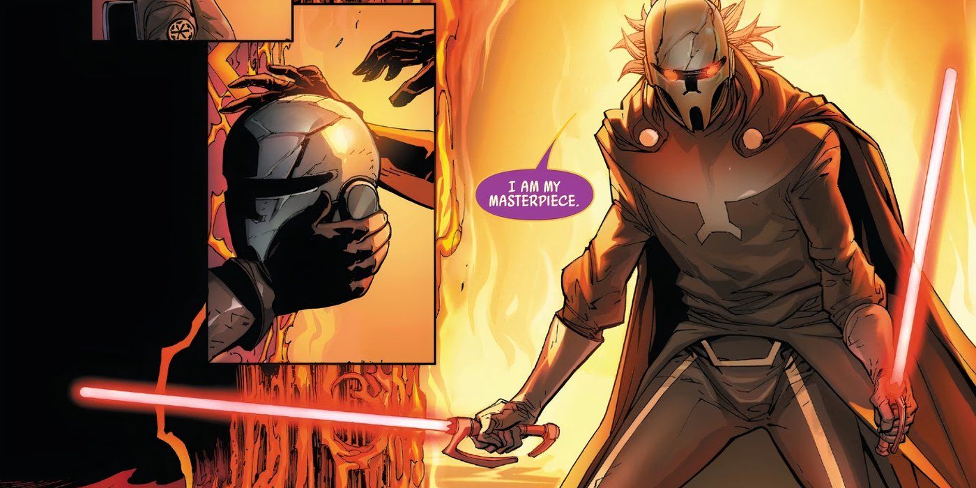 Darth Momin empunhando seus sabres de luz em duelo em Star Wars.