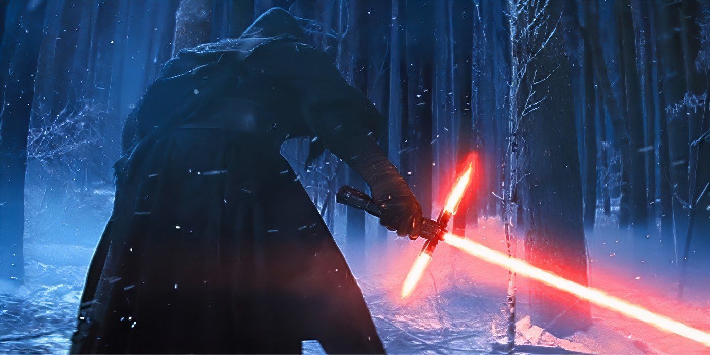 Kylo Ren empunhando seu sabre de luz na floresta nevada.