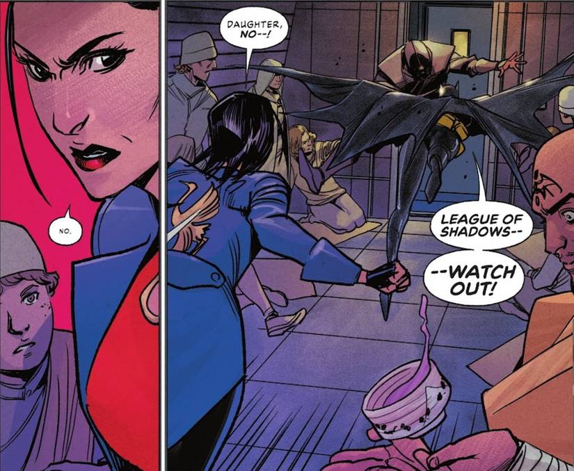 Comic book panels: Lady Shiva tries to stop Cassandra Cain from attacking the League of Shadows in Batgirl #3