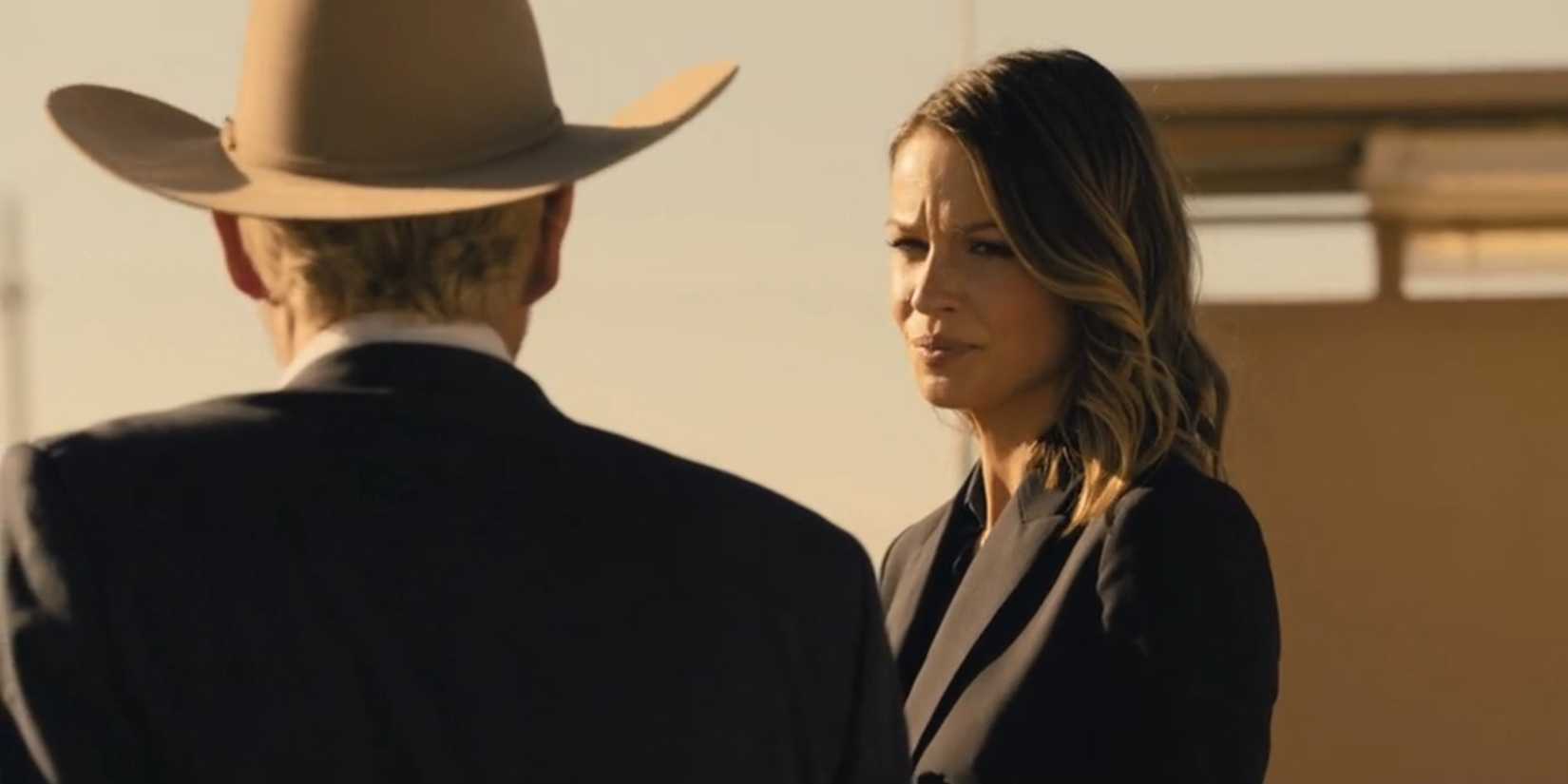 Rebecca Falcone (Kayla Wallace) looking angry while talking to Tommy in Landman season 1, episode 10