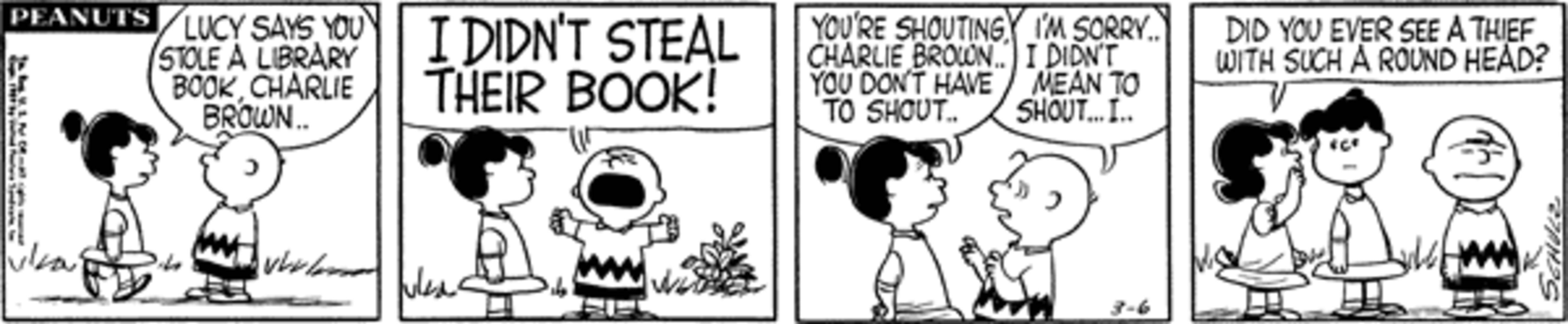 Peanuts strip: Violet and Charlie Brown talking before Lucy comes.