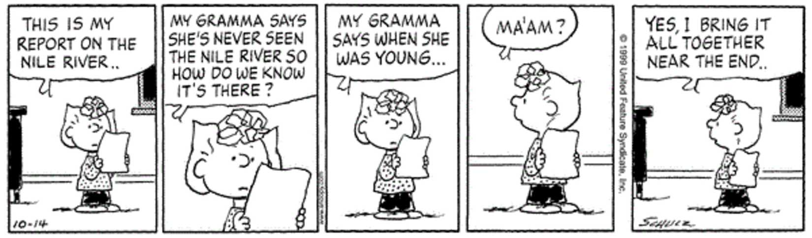 Peanuts strip: Sally reading her report before talking to teacher.