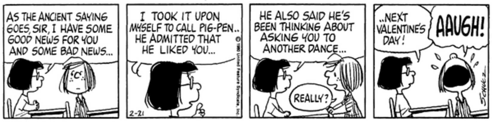 Peanuts strip: Peppermint Patty and Marcie talking at school.