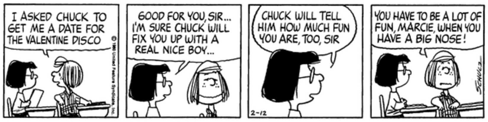 Peanuts strip: Marcie and Peppermint Patty talking at their desks.