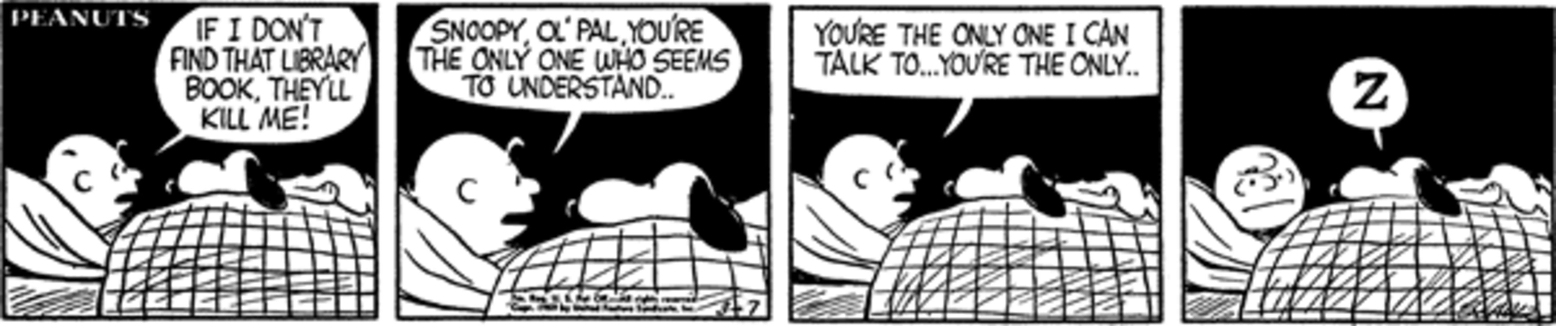 Peanuts strip: Charlie Brown talking to Snoopy in bed.
