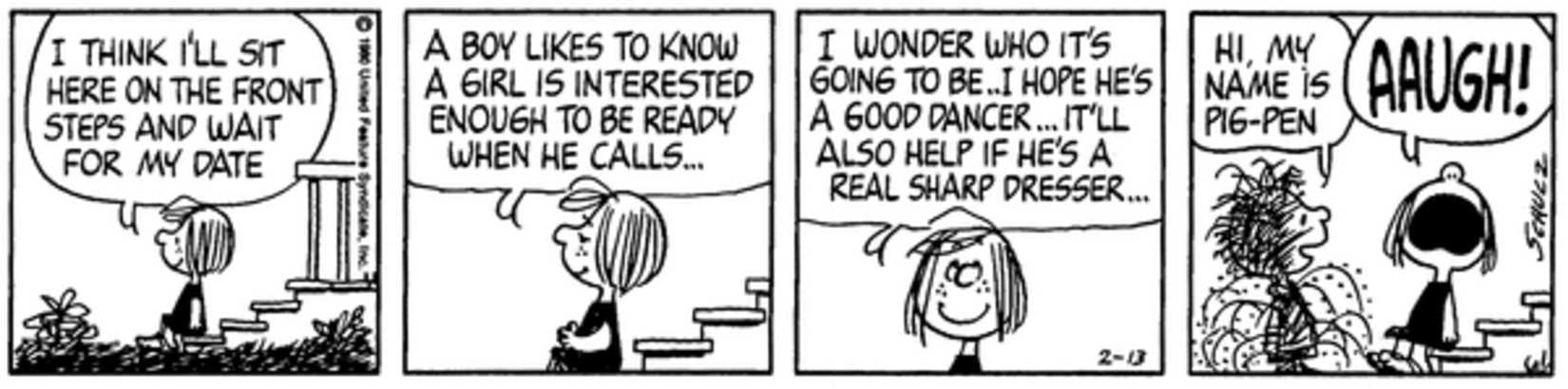 Peanuts strip: Peppermint Patty waiting for her blind date for the dance.
