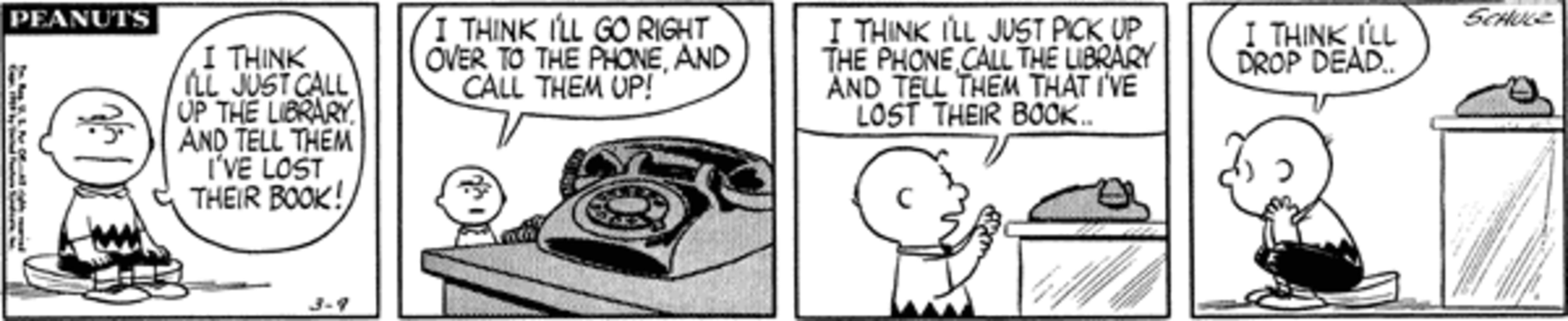 Peanuts strip: Charlie Brown contemplating picking up the phone.