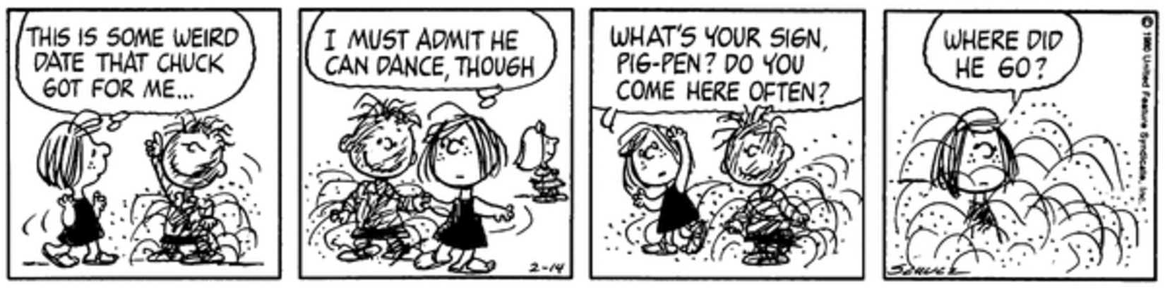 Peanuts strip: Pig pen dancing in his cloud of dirt with Peppermint Patty.