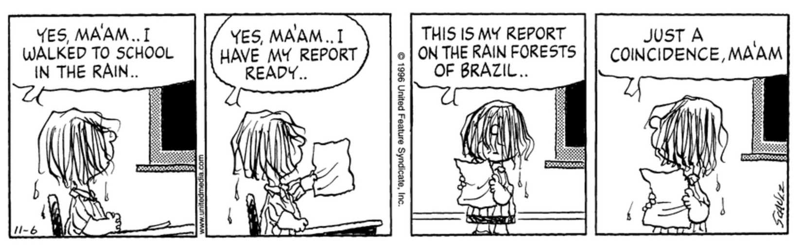 Peanuts strip: Peppermint Patty reading her report in front of the class soaked from the rain.