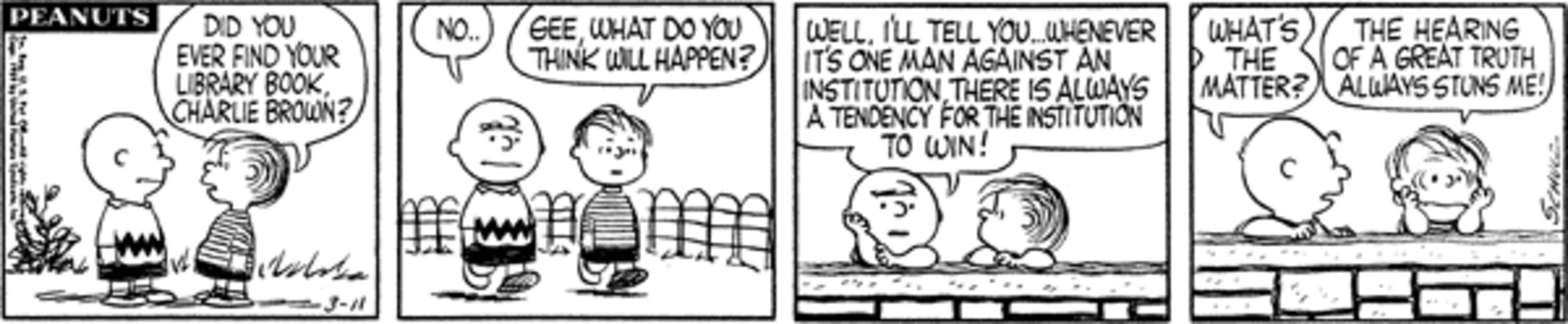Peanuts strip: Charlie Brown and Linus talking on the wall.