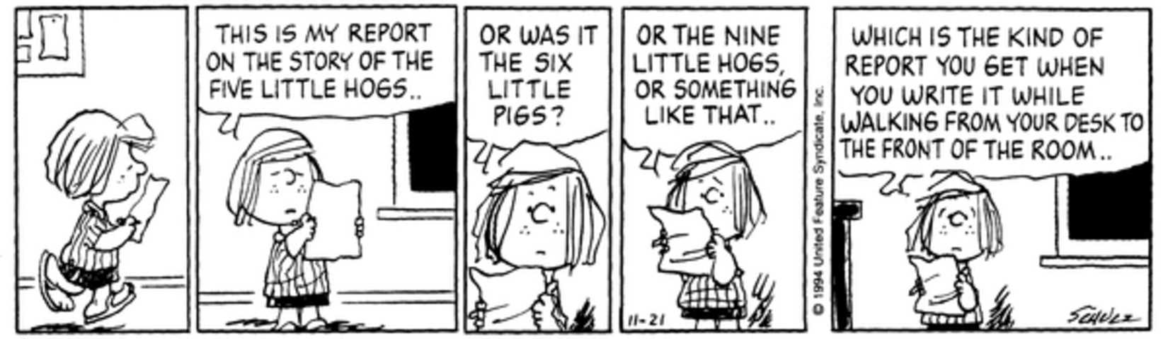 Peanuts strip: Peppermint Patty reading her report confused in front of the class.