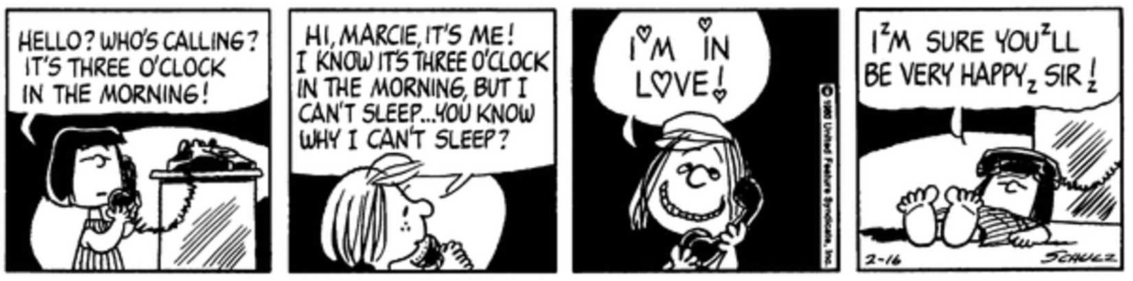 Peanuts strip: Peppermint Patty calling Marcie, waking her up from sleep.