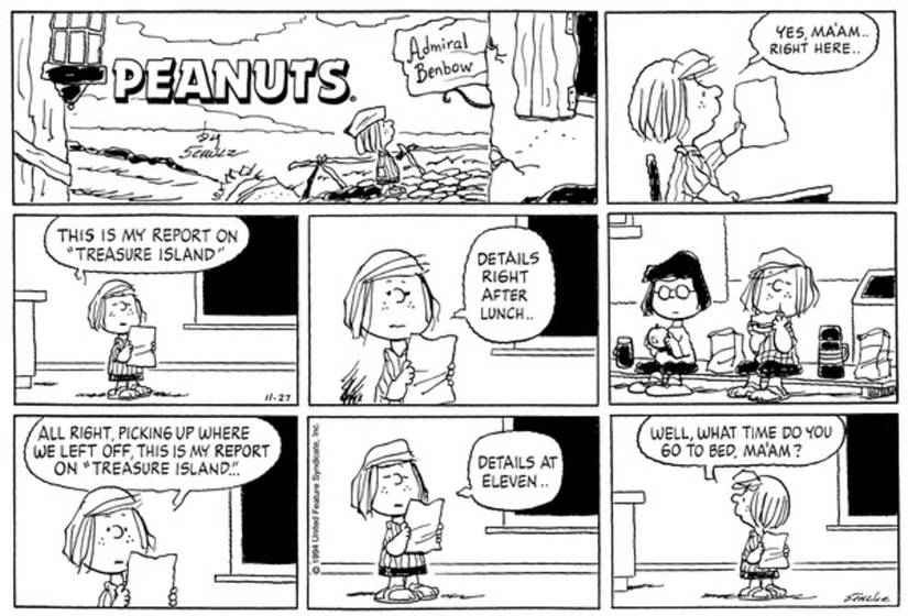 Peanuts strip: Peppermint Patty reading her report in front of the class before taking a break at lunch.