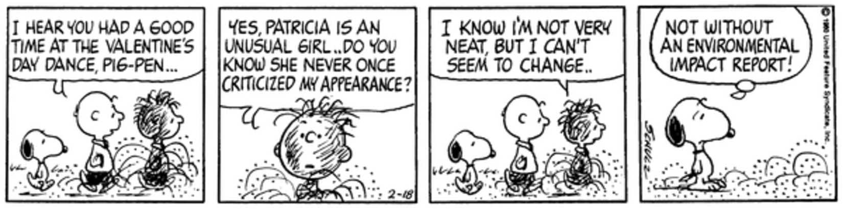 Peanuts strip: Snoopy, Charlie Brown, and Pig Pen walking together.