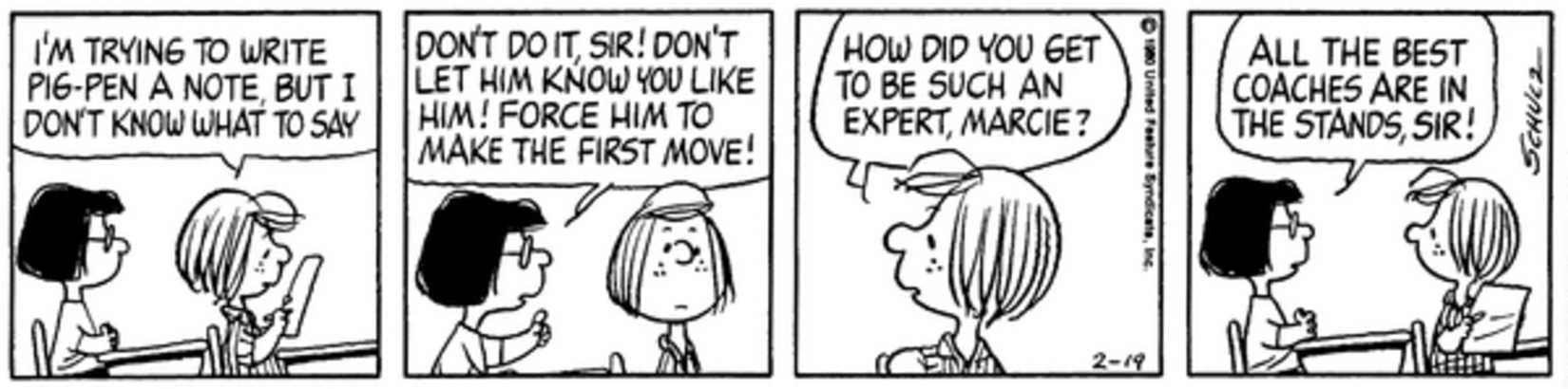 Peanuts strip: Peppermint Patty asking Marcie for help writing a note.