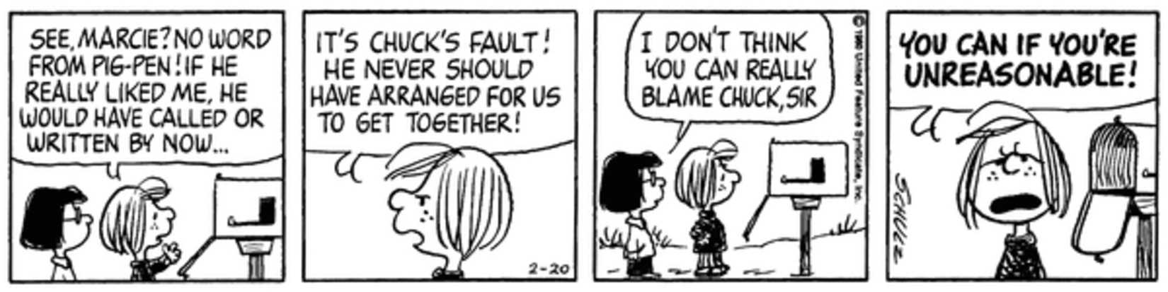 Peanuts strip: Peppermint Patty at her mailbox with Marcie.