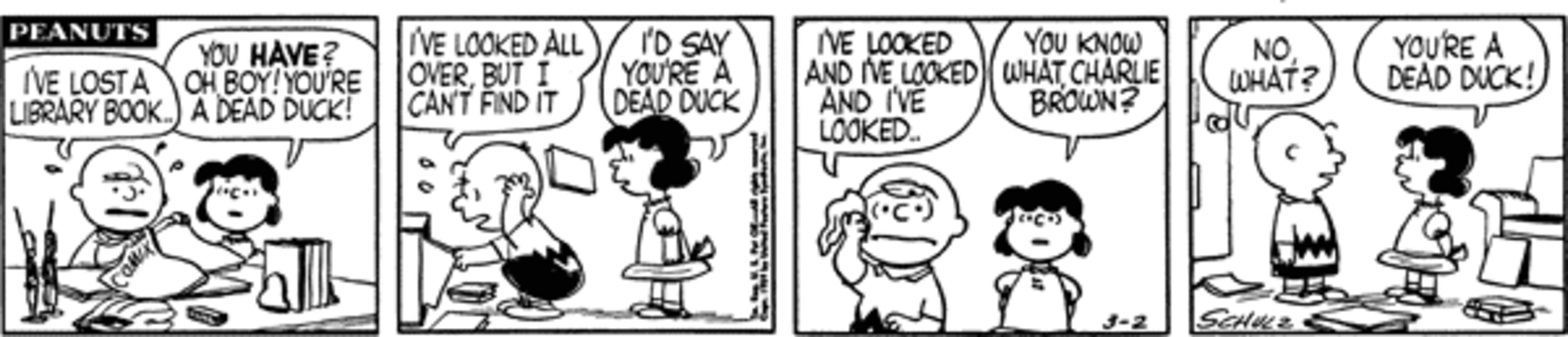 Peanuts strip: Charlie Brown freaking out looking for a library book with Lucy by him.