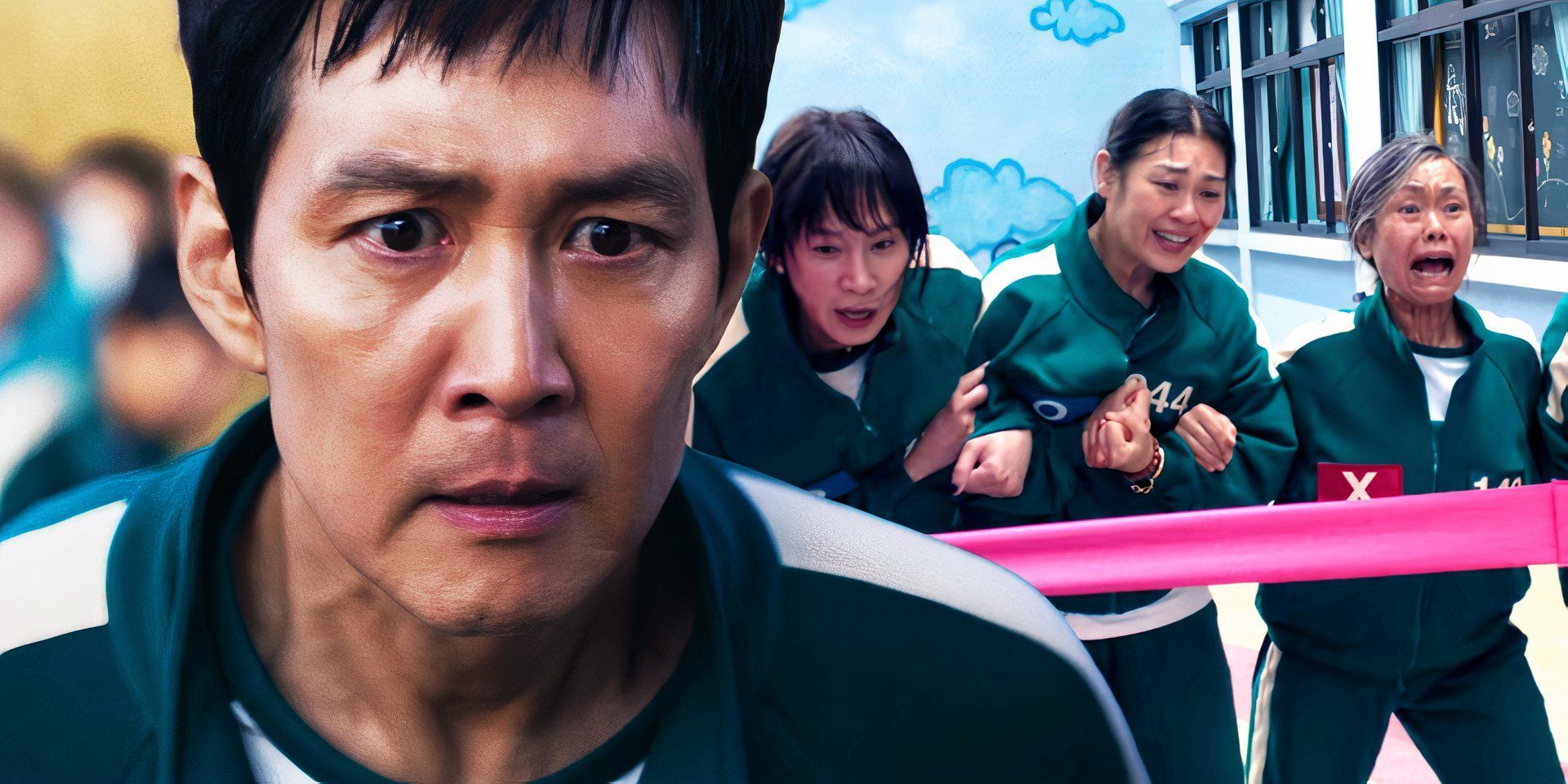 Gi-hun looks shocked while Hyun-ju and her team cross the finish line in Squid Game season 2