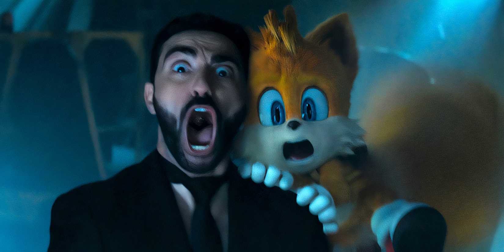 Lee Majdoub's Agent Stone and Tails screaming in fear at something in Sonic the Hedgehog 3