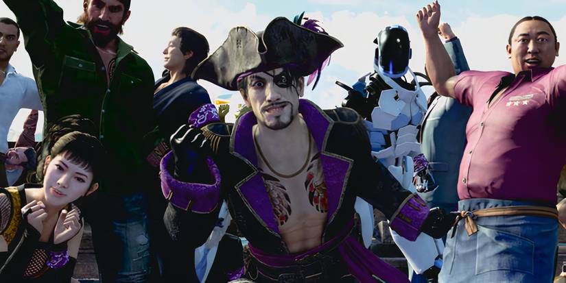 Goro grinning with the rest of his crew around him in Pirate Yakuza in Hawaii.