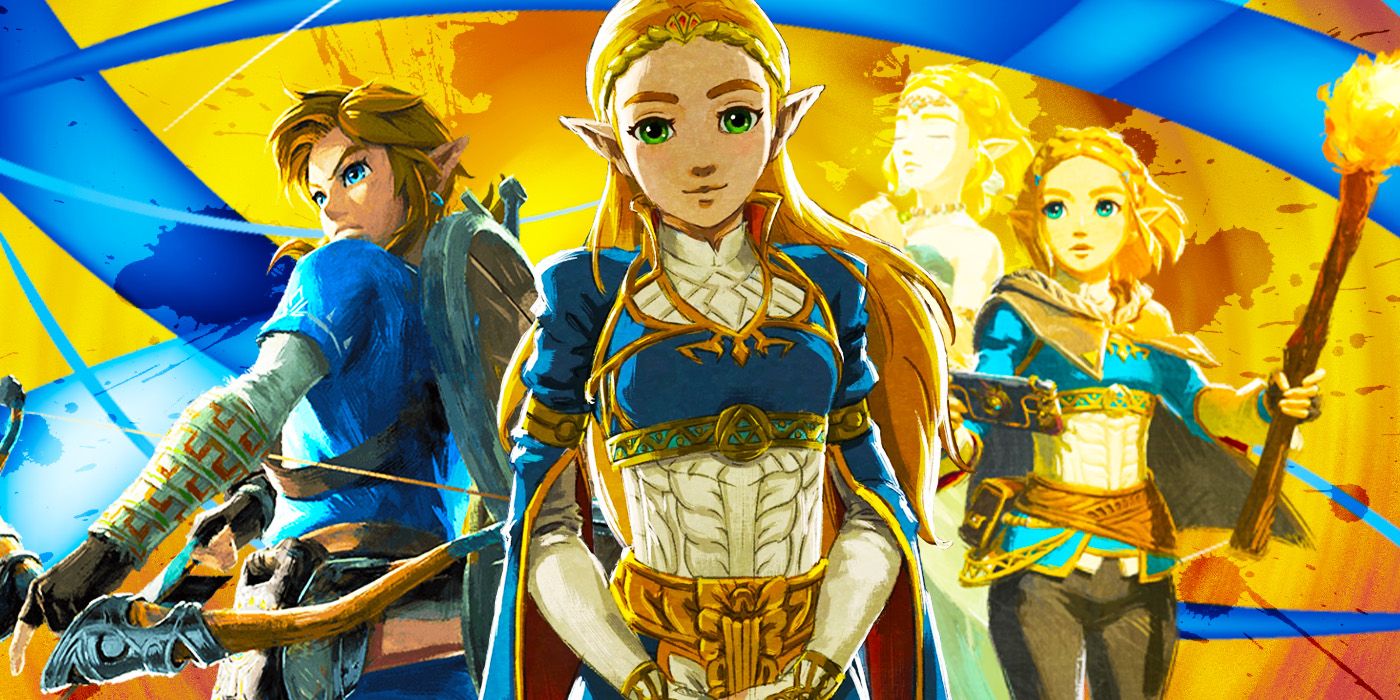 Zelda from The Legend of Zelda: Breath of the Wild stands at the center of the image, giving a slight smile. Link stands behind her with a bow and arrow in hand, alongside Zelda from The Legend of Zelda: tears of the Kingdom, who&rsquo;s holding a torch and the Purah Pad.