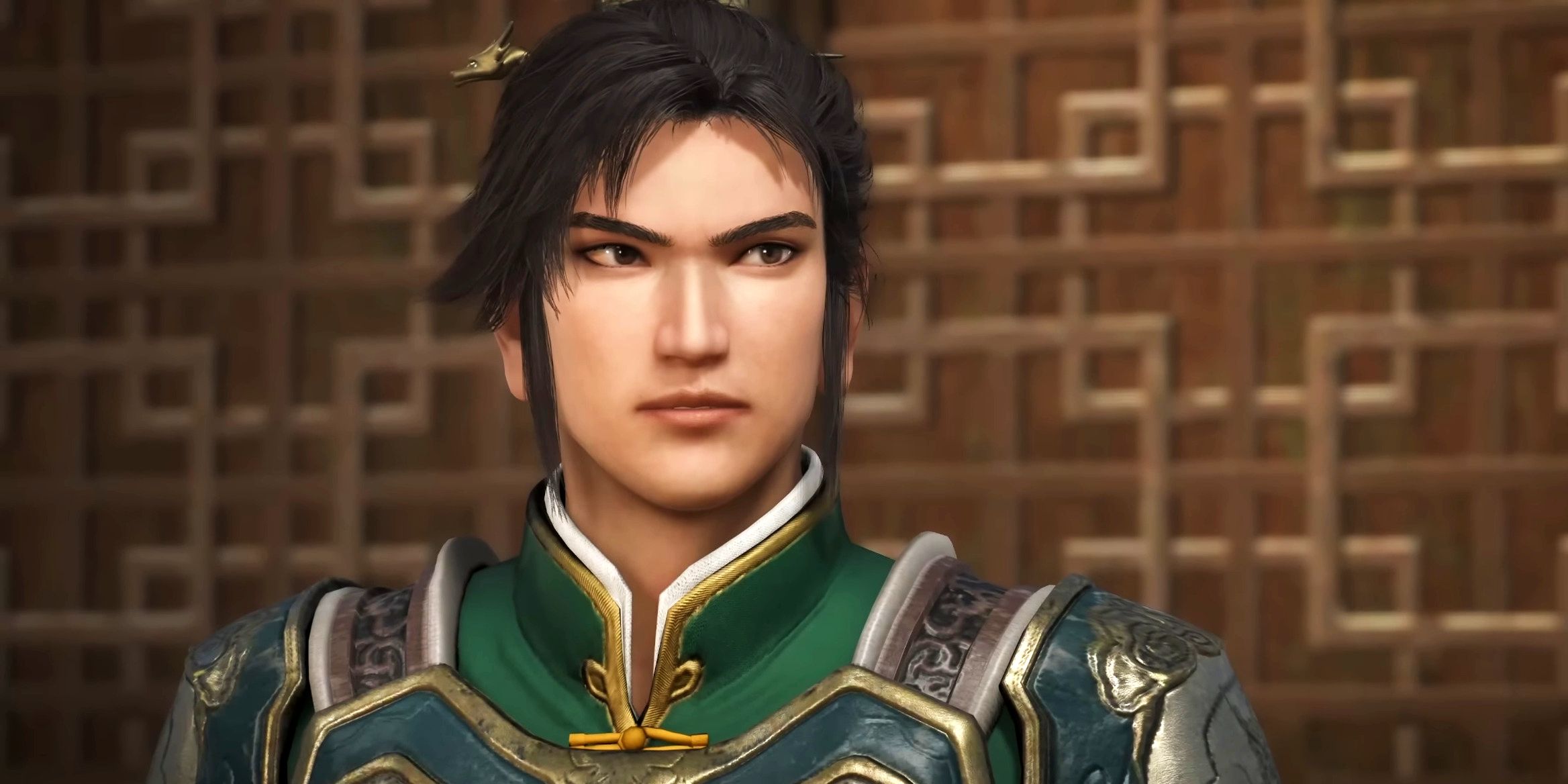 Liu Bei with a confident, shrewd expression in his conference room in a screenshot from Dynasty Warriors_ Origins.