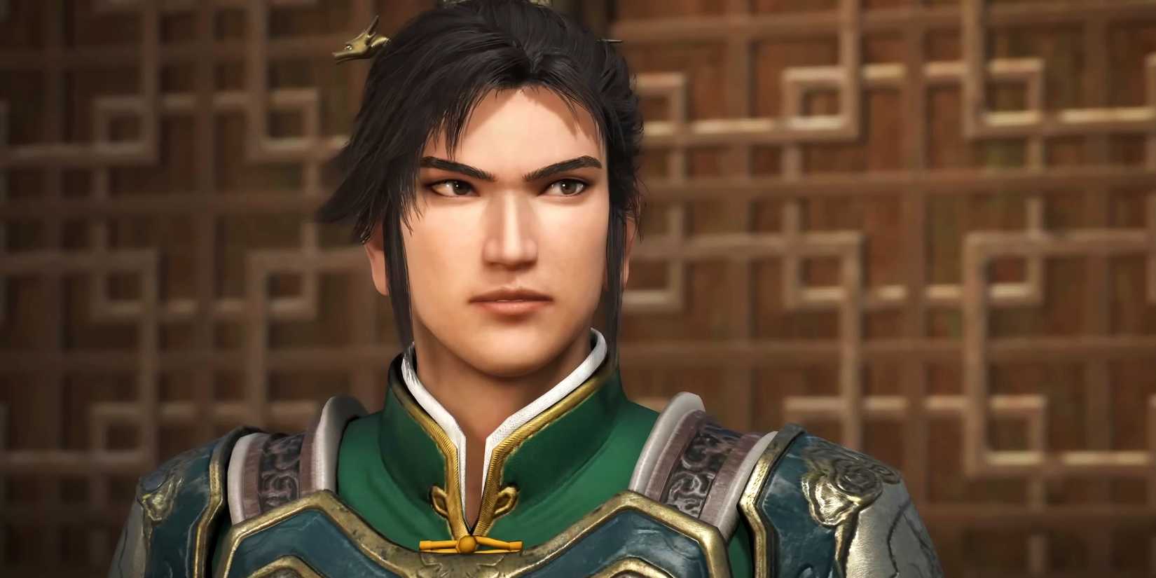 Liu Bei with a confident, shrewd expression in his conference room in Dynasty Warriors Origins.