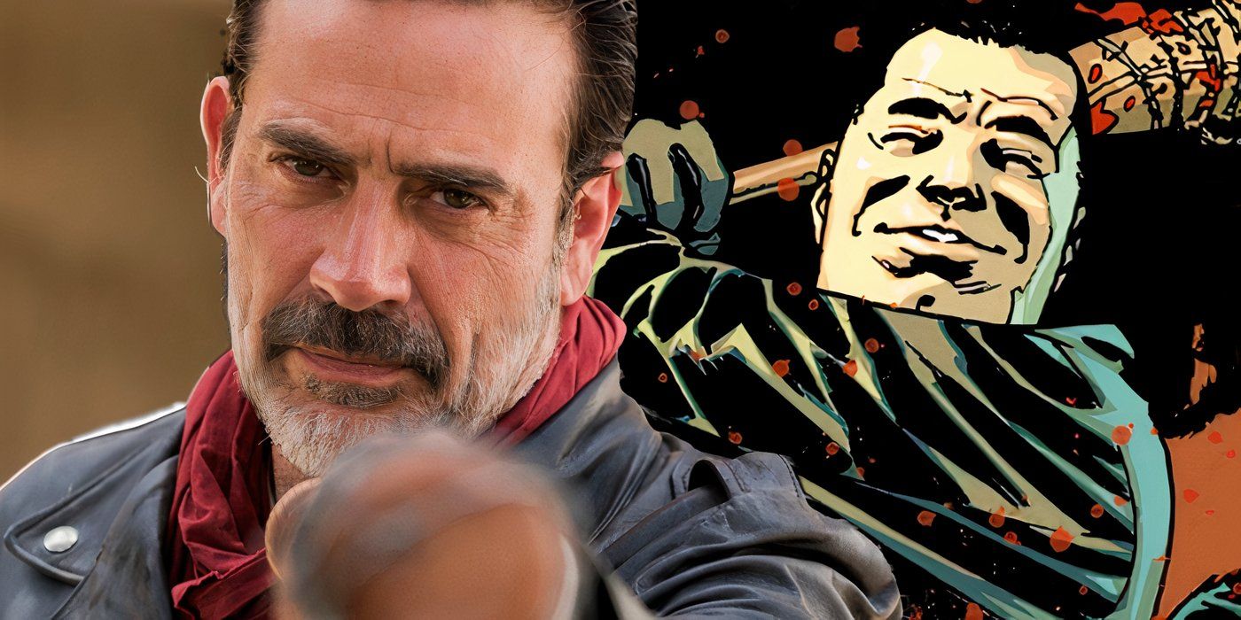 Live-action Negan pointing with Lucille to the left and comic Negan swinging Lucille to the right