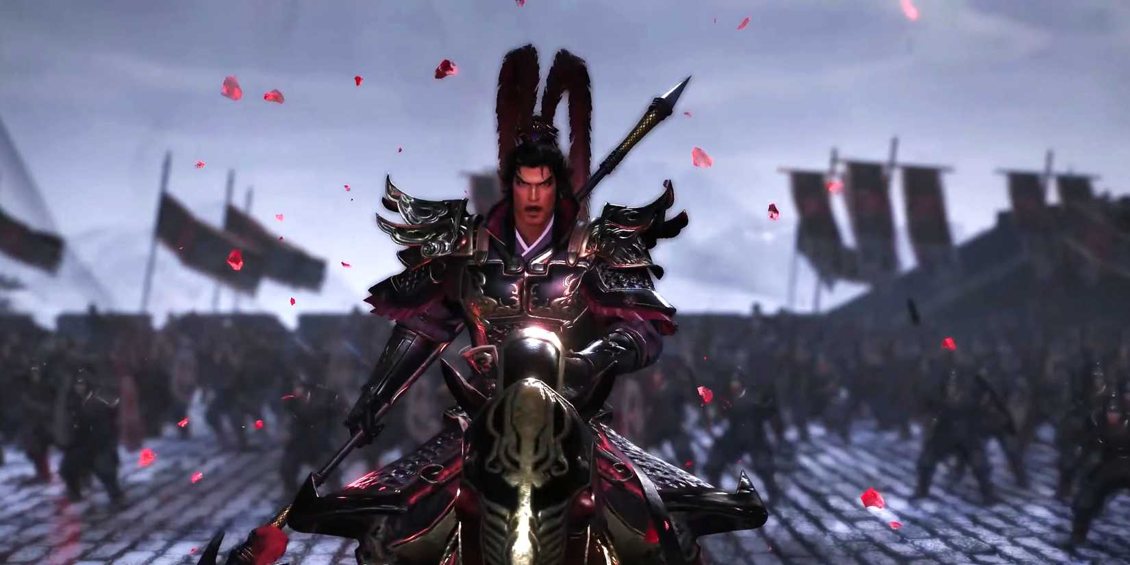 Lu Bu sitting on his horse in a screenshot from Dynasty Warriors Origins.