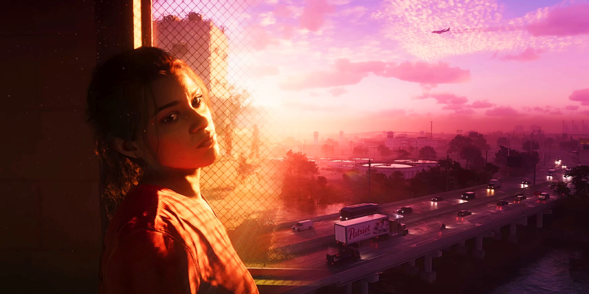 Lucia in prison and the Vice City skyline in GTA 6.