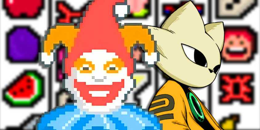 The Joker from Balatro and Yi from Nine Sols in front of Luck be a Landlord gameplay.