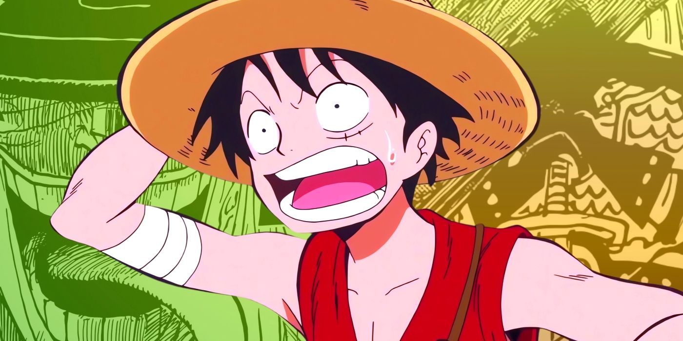 Luffy holding his hat with a shocked face. Behind him, Loki and his father Harald can be seen. 