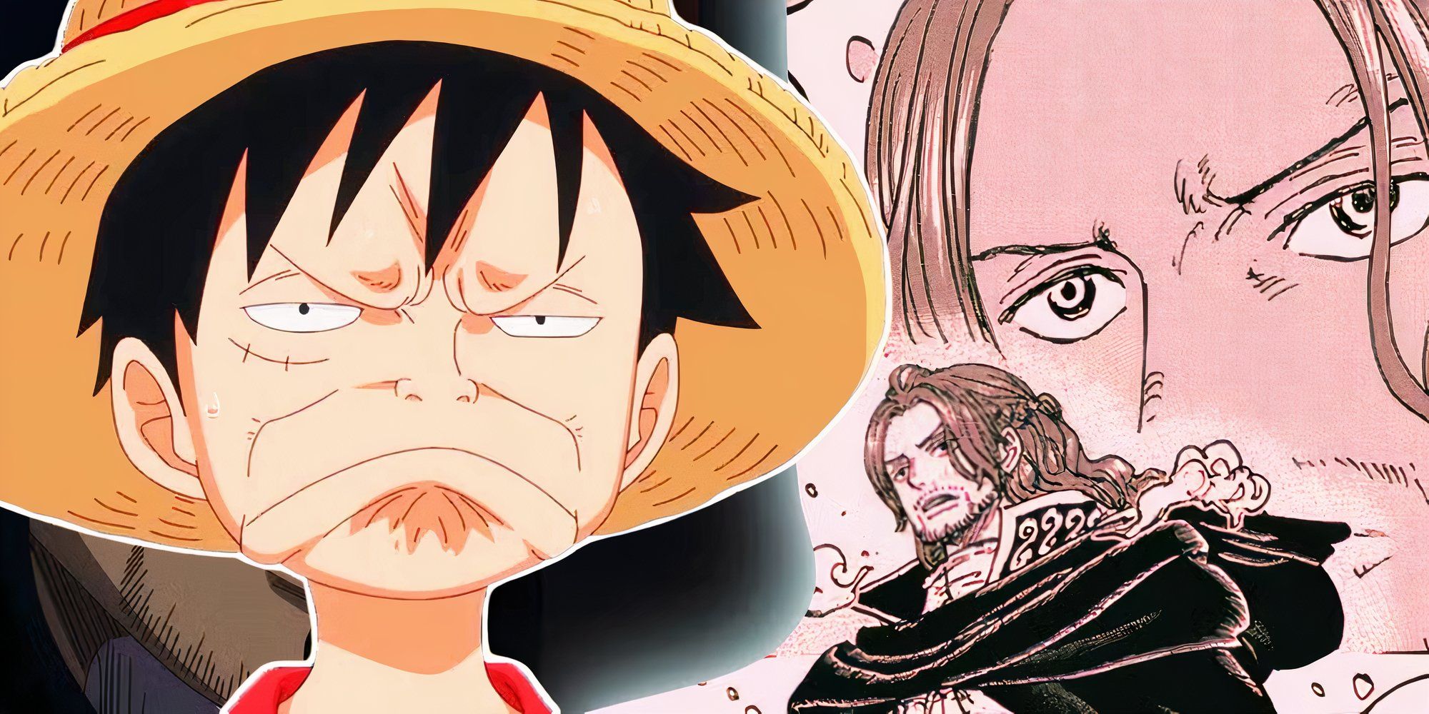 Luffy making a werid face as in the background Shamrock's identity is revealed