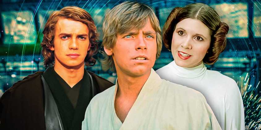 Anakin Skywalker (Hayden Christensen), Luke Skywalker (Mark Hamill), and Leia Organa (Carrie Fisher) edited together in the Star Wars franchise.