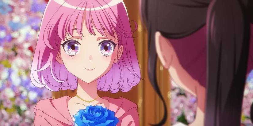 Yuina Akago holding a blue flower out to Azu Niisato