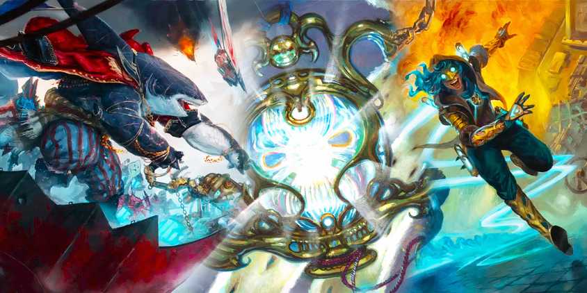 Two Characters chasing the Aetherspark in Magic: The Gathering's Aetherdrift Set