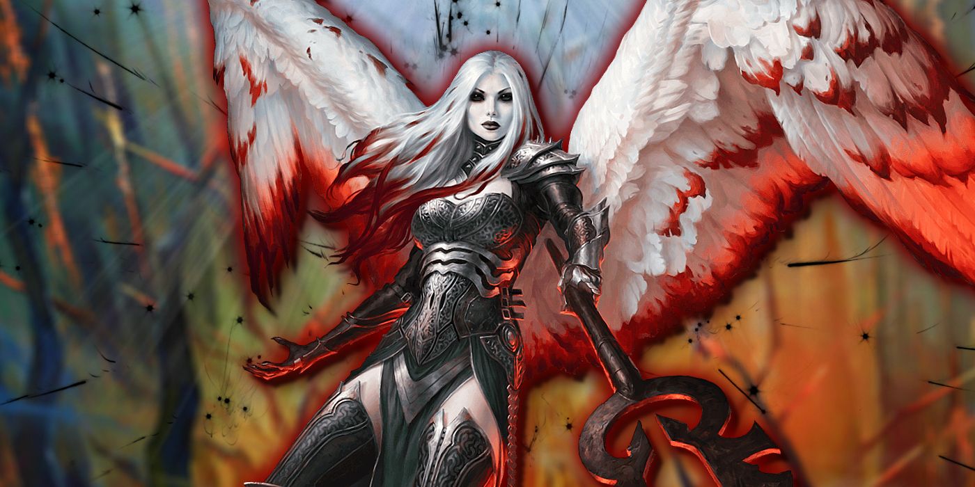 Magic The Gatherings Avacyn holds a spear toward the viewer.
