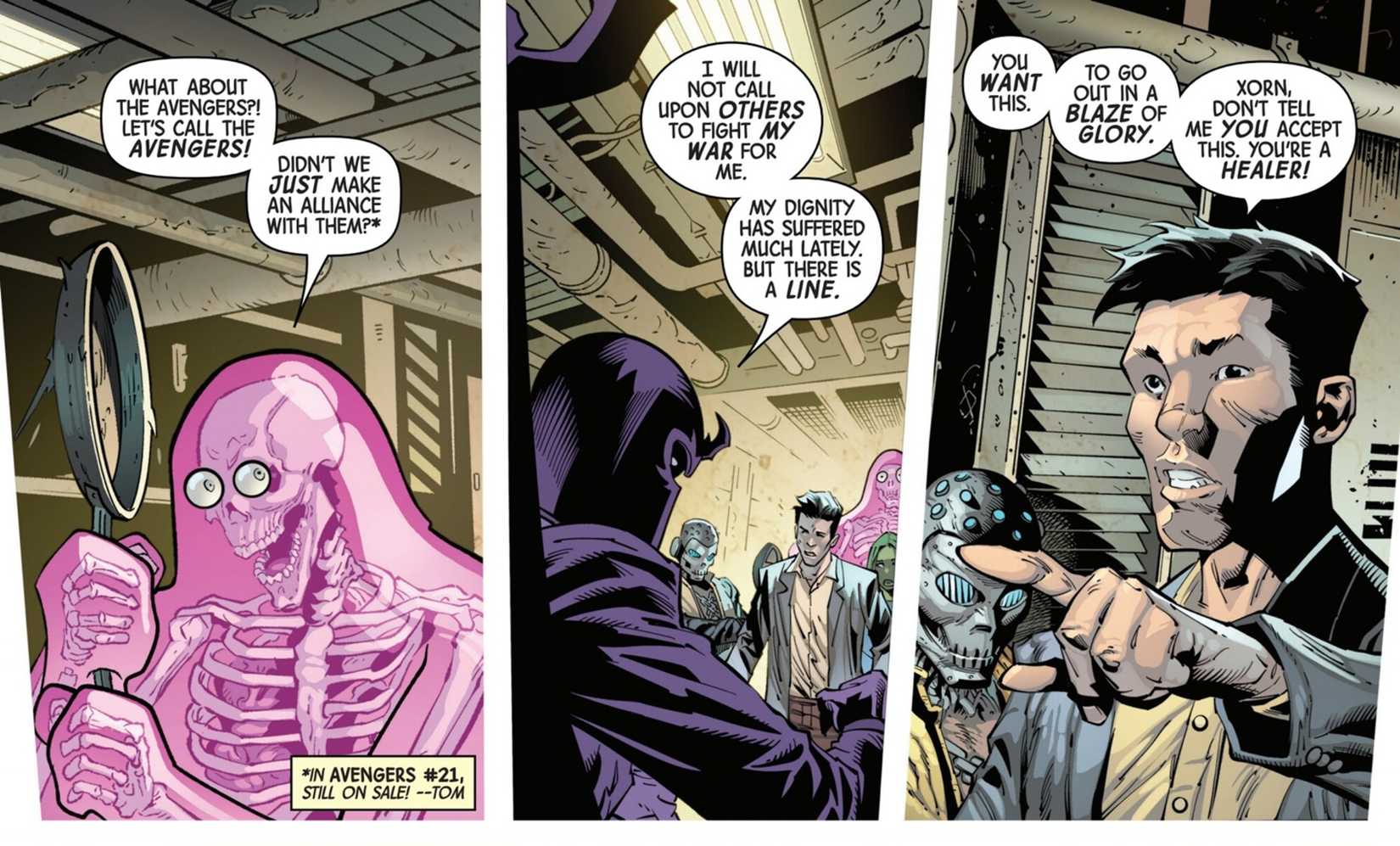 Magneto refuses to call for the Avengers aid for the X-Men base. 