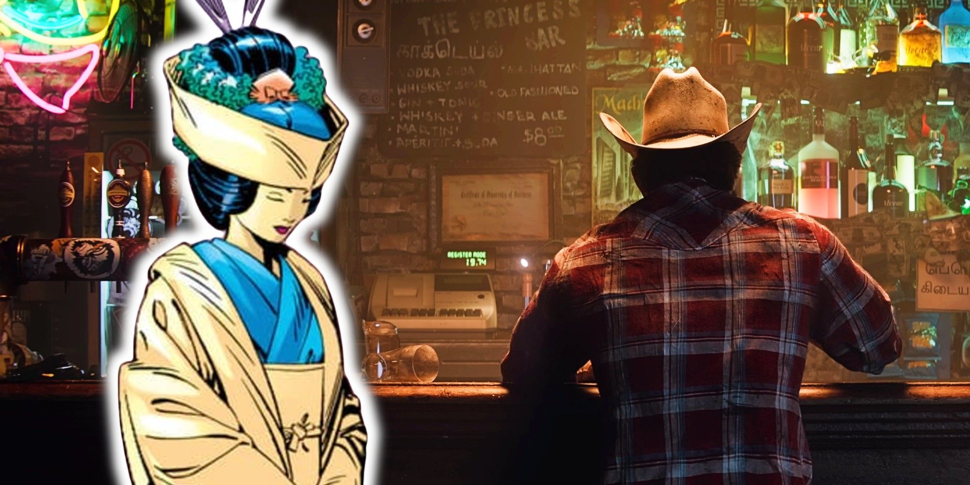 Mariko Yashida next to Marvel&rsquo;s Wolverine in a bar.