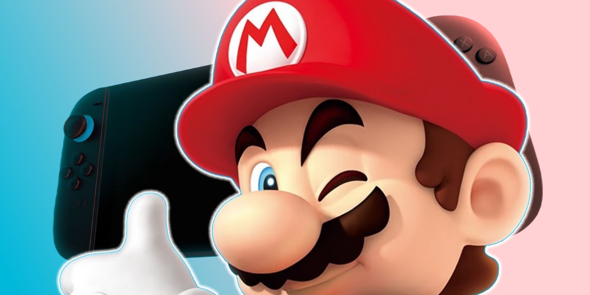 Mario mengacungkan jempol dan mengedipkan mata di depan tangkapan layar dari trailer pengungkapan Nintendo Switch 2.